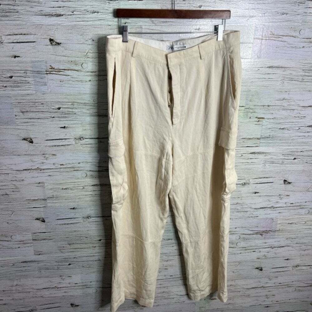 Zara Baggy Wide Leg High-Rise Cargo Pants cream Trousers Size xxl